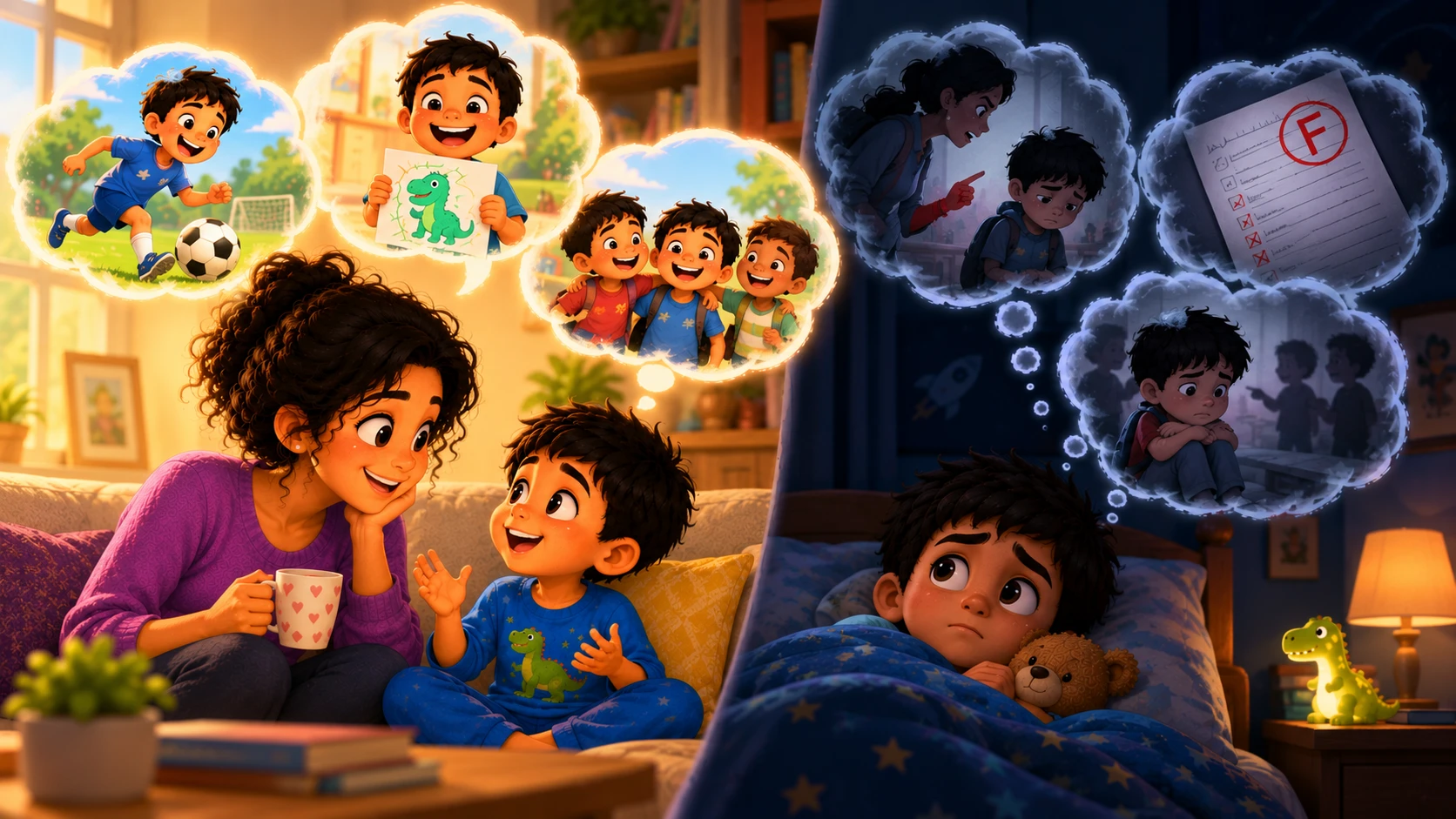 A happy boy telling his mum about the good things in his day, and the same boy alone in bed at night with the worries he keeps to himself: a scolding, a failed test, being left out