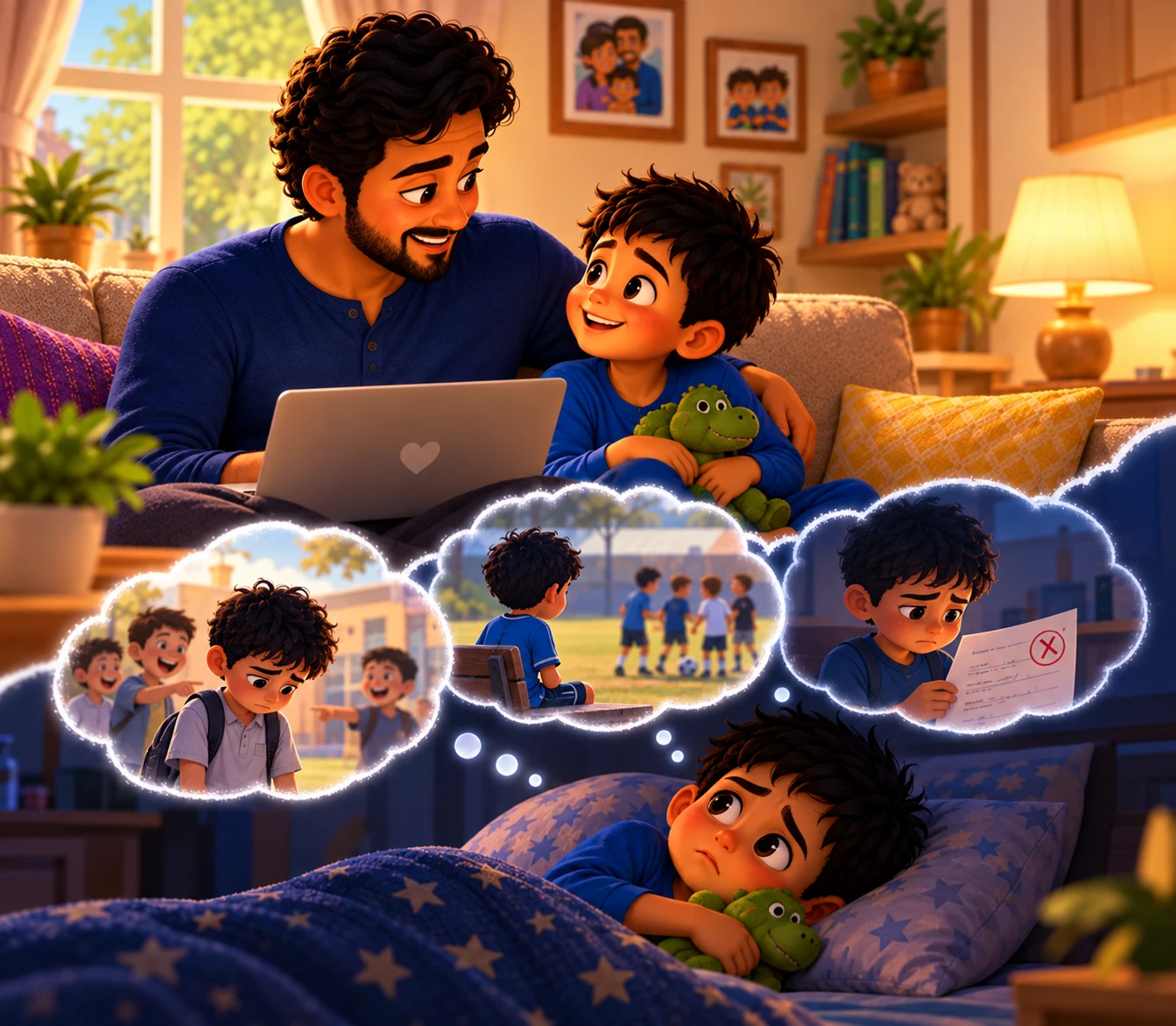A dad laughing with his son on the sofa, and the same boy later in bed, quietly remembering a hard moment