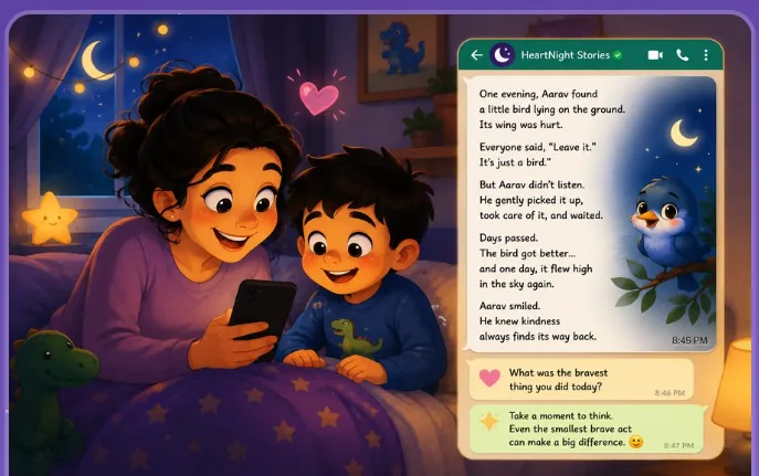 A parent and child sharing a warm HeartNight story together at bedtime