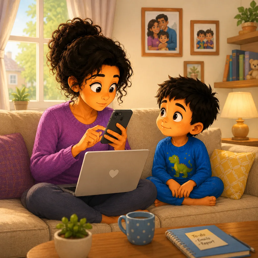 A child sitting beside a parent, quietly waiting while the parent is busy on their phone