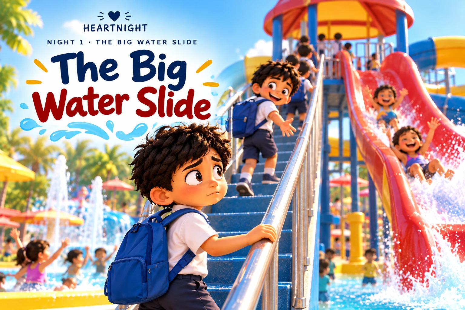 Ayaan on the stairs of the big water slide