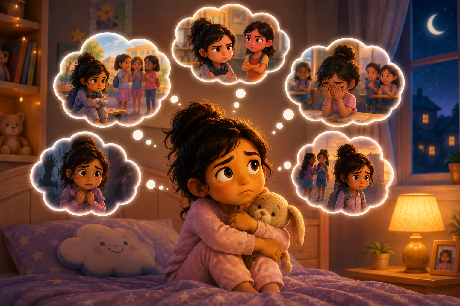 A child in bed hugging a toy, thinking about worries from school: being left out, a fight with a friend, feeling scared